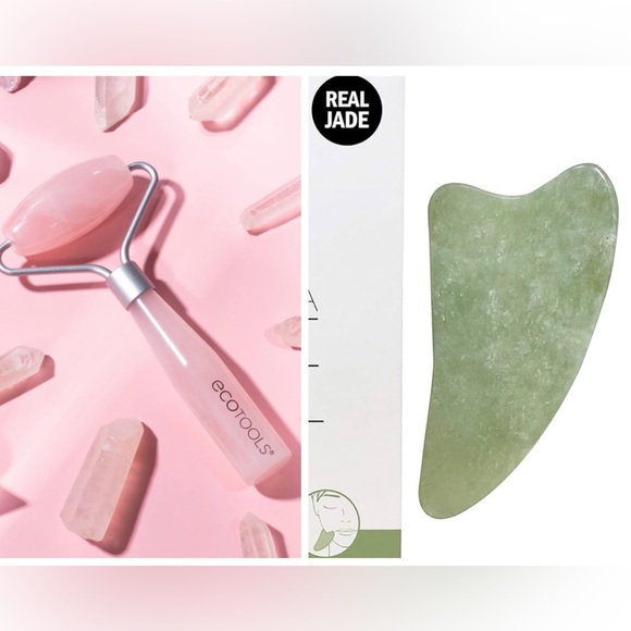 Jade Gua Sha Tool by Daily Concepts & Eco Tools Rose Quartz Mini Roller SET - Picture 1 of 12